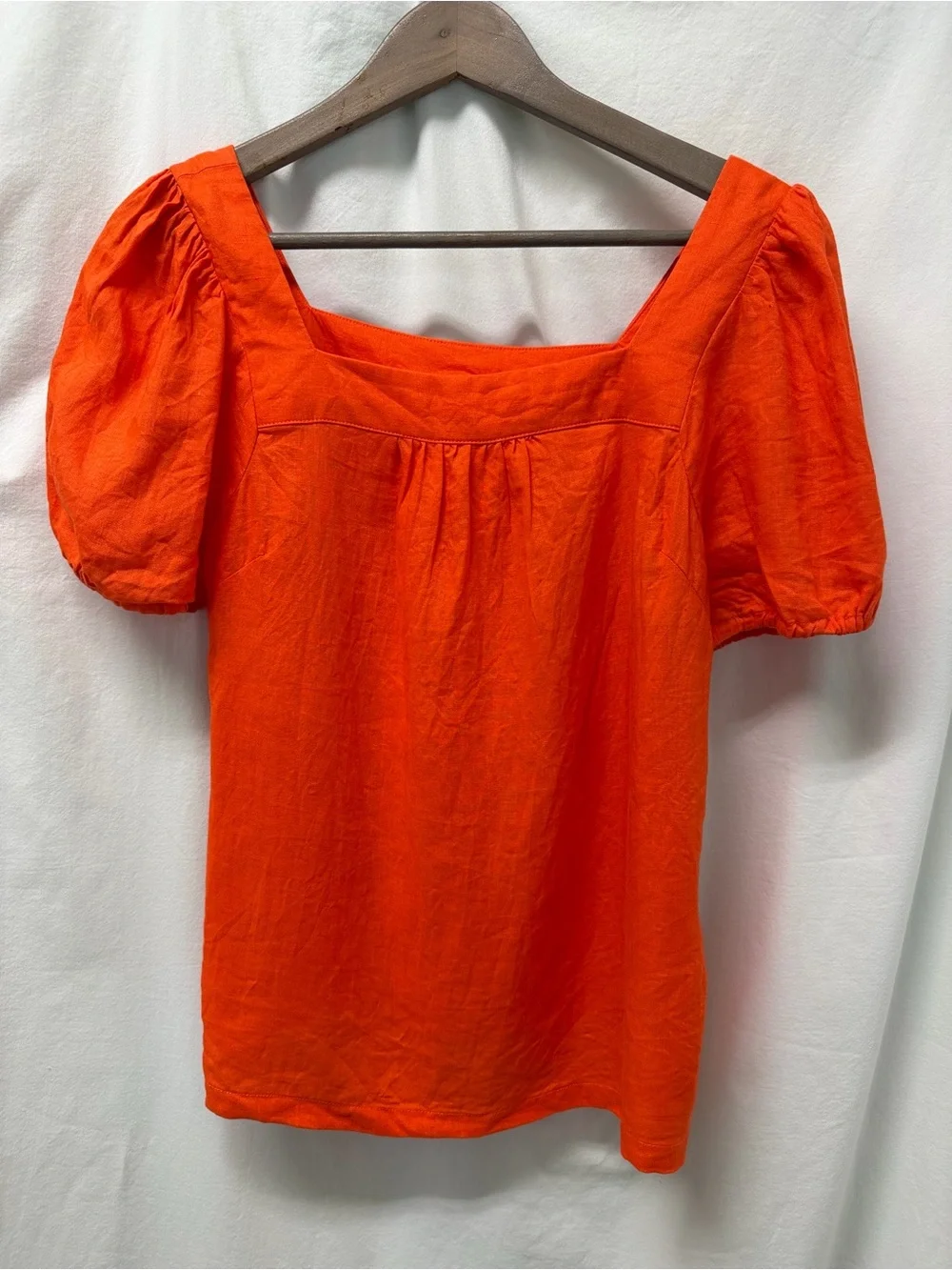 Boden linen Square Neck Puff Sleeve Top - Bright Orange